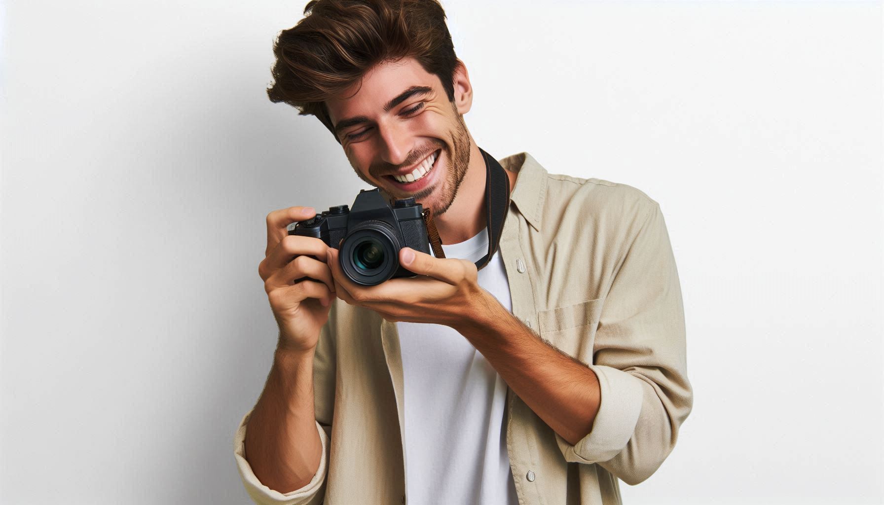 man enjoying with his new digital camera